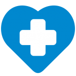 Blue heart icon with hospital icon inside