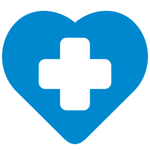 Blue heart icon with hospital icon inside