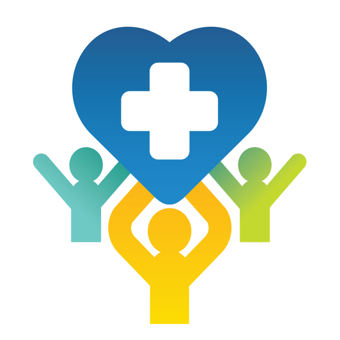 Colourful icon with people holding up a blue heart symbol with the hospital cross icon inside it