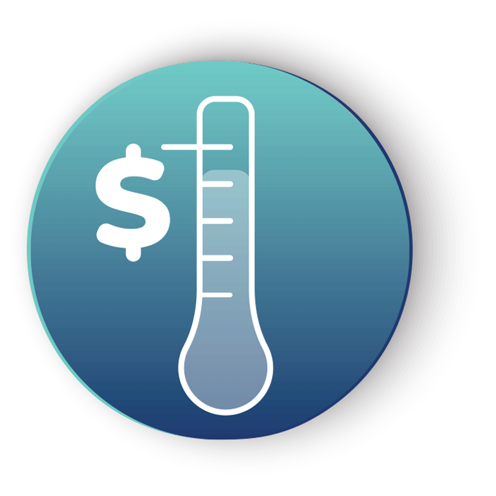 An icon of a fundraising meter which is almost at the top with a money symbol