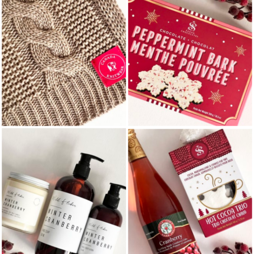 A selection of products on offer through Living Local's corporate gifting, including a cozy knit blanket, peppermint bark, hand soaps, candles, cider, and hot cocoa.