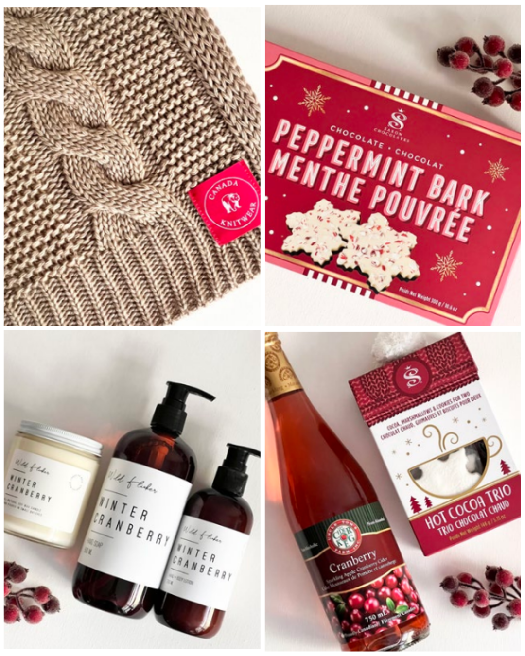 A selection of products on offer through Living Local's corporate gifting, including a cozy knit blanket, peppermint bark, hand soaps, candles, cider, and hot cocoa.