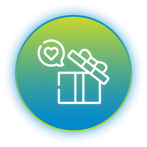 An icon of a gift box that is slightly opened at the top with a little speech bubble popping out with a heart in it.