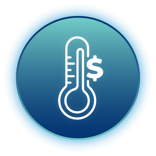 An icon of a fundraising meter which is almost at the top with a money symbol